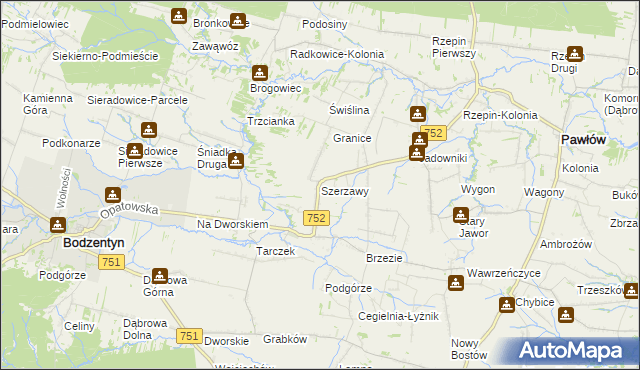 mapa Szerzawy gmina Pawłów, Szerzawy gmina Pawłów na mapie Targeo