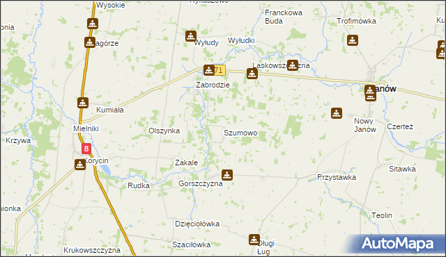 mapa Szumowo gmina Korycin, Szumowo gmina Korycin na mapie Targeo