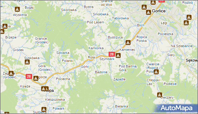 mapa Szymbark gmina Gorlice, Szymbark gmina Gorlice na mapie Targeo