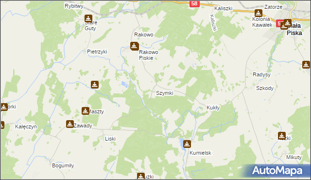 mapa Szymki gmina Biała Piska, Szymki gmina Biała Piska na mapie Targeo