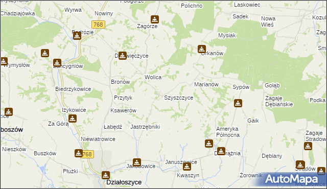 mapa Szyszczyce gmina Działoszyce, Szyszczyce gmina Działoszyce na mapie Targeo