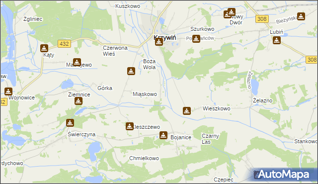 mapa Teklimyśl gmina Krzywiń, Teklimyśl gmina Krzywiń na mapie Targeo