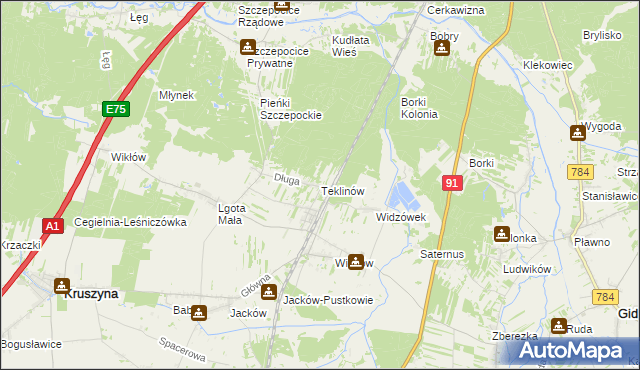 mapa Teklinów gmina Kruszyna, Teklinów gmina Kruszyna na mapie Targeo