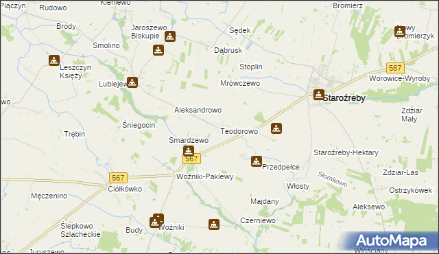 mapa Teodorowo gmina Staroźreby, Teodorowo gmina Staroźreby na mapie Targeo