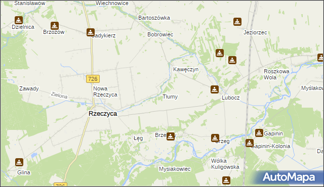 mapa Tłumy gmina Rzeczyca, Tłumy gmina Rzeczyca na mapie Targeo