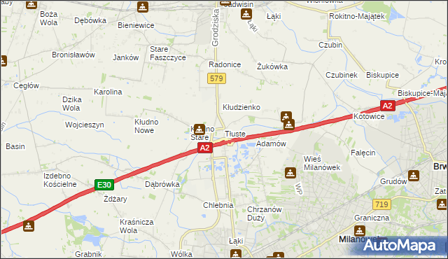 mapa Tłuste gmina Grodzisk Mazowiecki, Tłuste gmina Grodzisk Mazowiecki na mapie Targeo