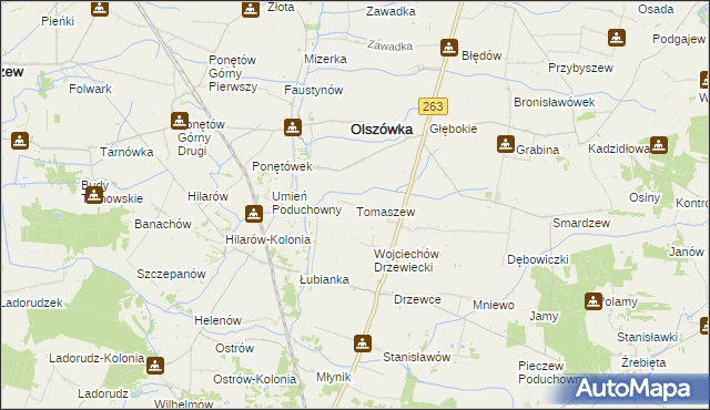 mapa Tomaszew gmina Olszówka, Tomaszew gmina Olszówka na mapie Targeo