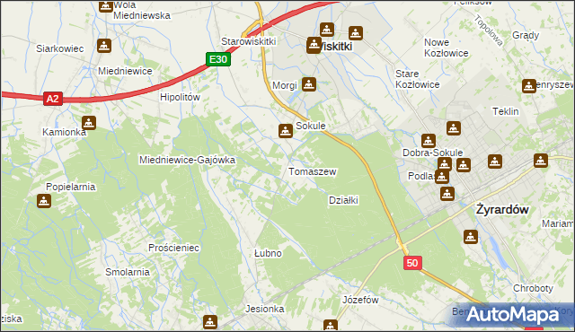 mapa Tomaszew gmina Wiskitki, Tomaszew gmina Wiskitki na mapie Targeo
