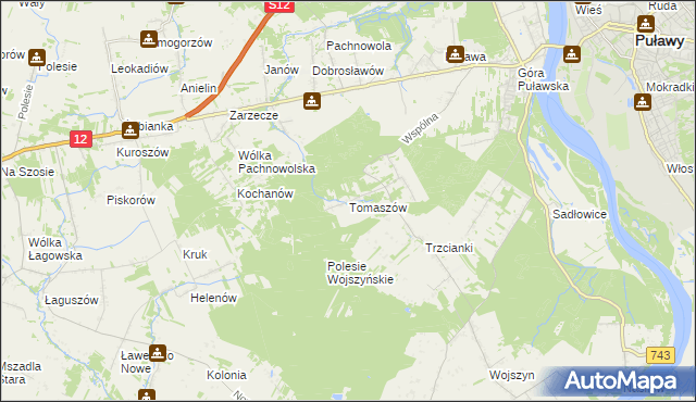 mapa Tomaszów gmina Puławy, Tomaszów gmina Puławy na mapie Targeo