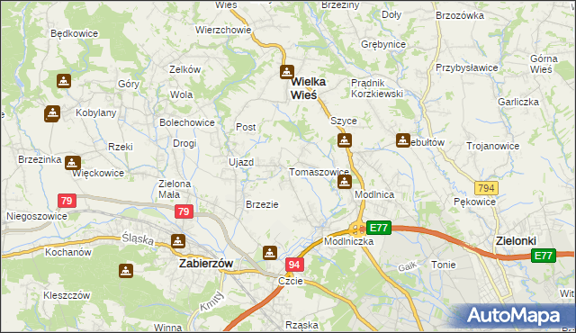 mapa Tomaszowice gmina Wielka Wieś, Tomaszowice gmina Wielka Wieś na mapie Targeo