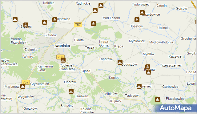mapa Toporów gmina Iwaniska, Toporów gmina Iwaniska na mapie Targeo