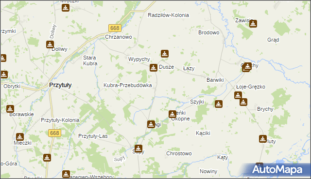 mapa Trzaski gmina Przytuły, Trzaski gmina Przytuły na mapie Targeo