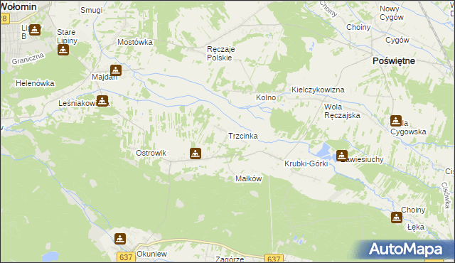 mapa Trzcinka gmina Poświętne, Trzcinka gmina Poświętne na mapie Targeo