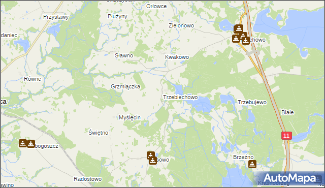 mapa Trzebiechowo gmina Szczecinek, Trzebiechowo gmina Szczecinek na mapie Targeo