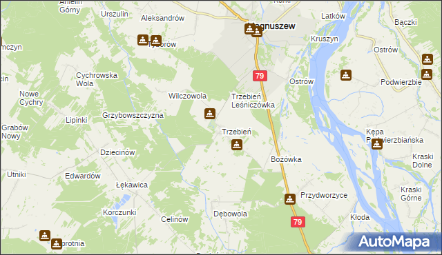 mapa Trzebień gmina Magnuszew, Trzebień gmina Magnuszew na mapie Targeo