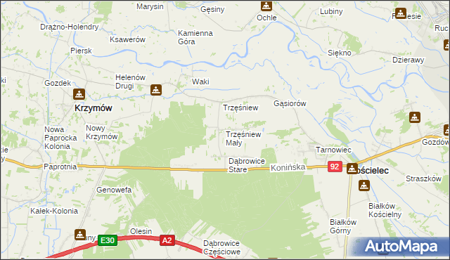 mapa Trzęśniew Mały, Trzęśniew Mały na mapie Targeo