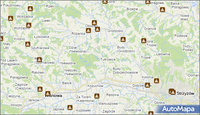 mapa Tułkowice gmina Wiśniowa, Tułkowice gmina Wiśniowa na mapie Targeo