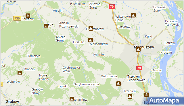 mapa Tyborów gmina Magnuszew, Tyborów gmina Magnuszew na mapie Targeo