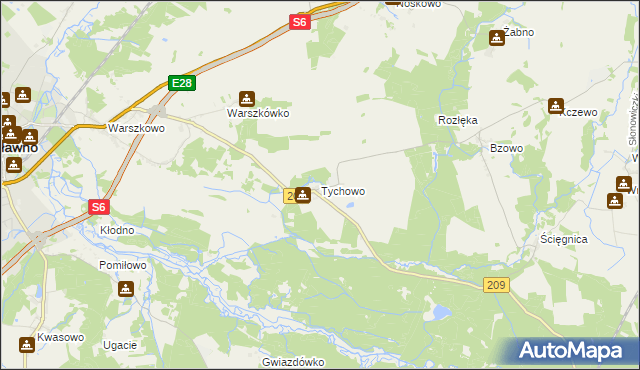 mapa Tychowo gmina Sławno, Tychowo gmina Sławno na mapie Targeo