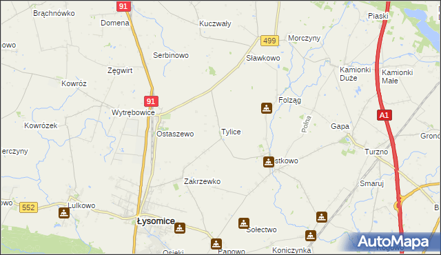 mapa Tylice gmina Łysomice, Tylice gmina Łysomice na mapie Targeo