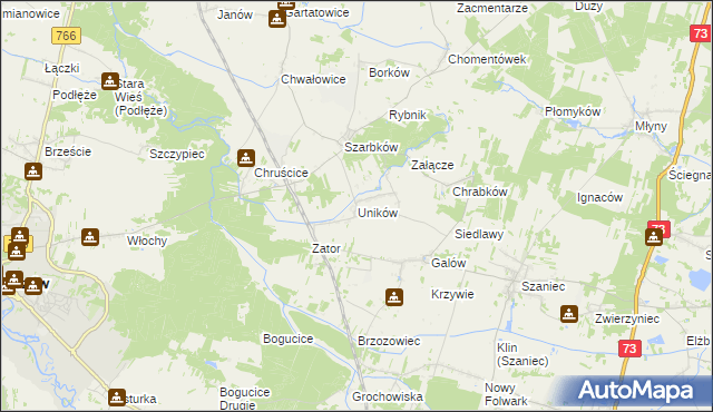 mapa Uników gmina Pińczów, Uników gmina Pińczów na mapie Targeo