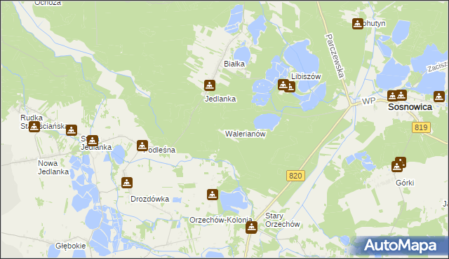 mapa Walerianów gmina Sosnowica, Walerianów gmina Sosnowica na mapie Targeo