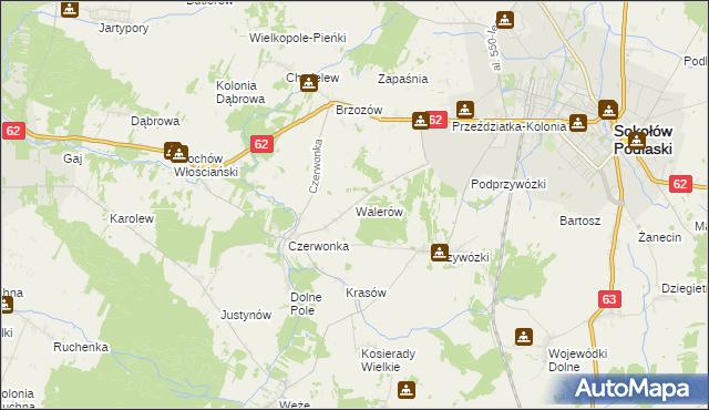 mapa Walerów gmina Sokołów Podlaski, Walerów gmina Sokołów Podlaski na mapie Targeo