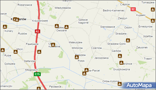 mapa Waliszew gmina Bedlno, Waliszew gmina Bedlno na mapie Targeo