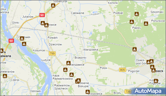 mapa Warszówka gmina Sobienie-Jeziory, Warszówka gmina Sobienie-Jeziory na mapie Targeo