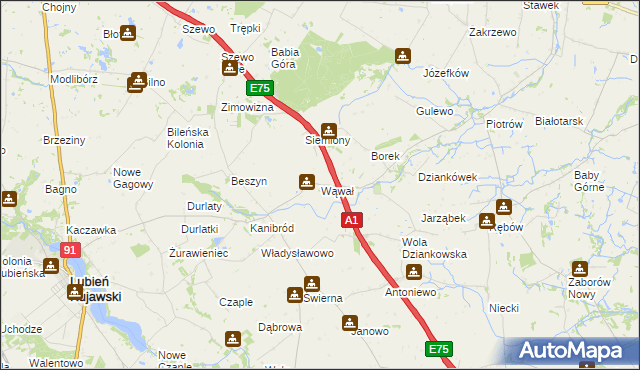 mapa Wąwał gmina Lubień Kujawski, Wąwał gmina Lubień Kujawski na mapie Targeo