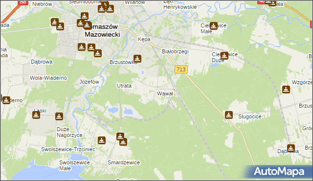 mapa Wąwał gmina Tomaszów Mazowiecki, Wąwał gmina Tomaszów Mazowiecki na mapie Targeo