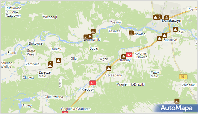 mapa Węże gmina Działoszyn, Węże gmina Działoszyn na mapie Targeo