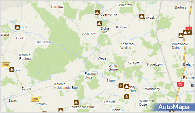 mapa Węże gmina Sokołów Podlaski, Węże gmina Sokołów Podlaski na mapie Targeo