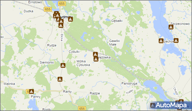 mapa Wężówka gmina Wydminy, Wężówka gmina Wydminy na mapie Targeo