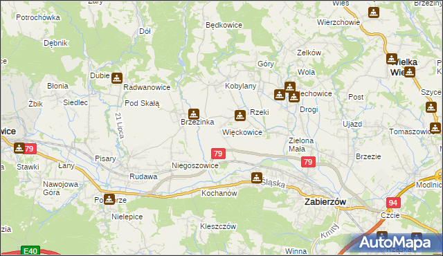 mapa Więckowice gmina Zabierzów, Więckowice gmina Zabierzów na mapie Targeo