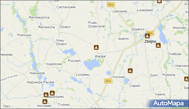 mapa Wielgie gmina Zbójno, Wielgie gmina Zbójno na mapie Targeo