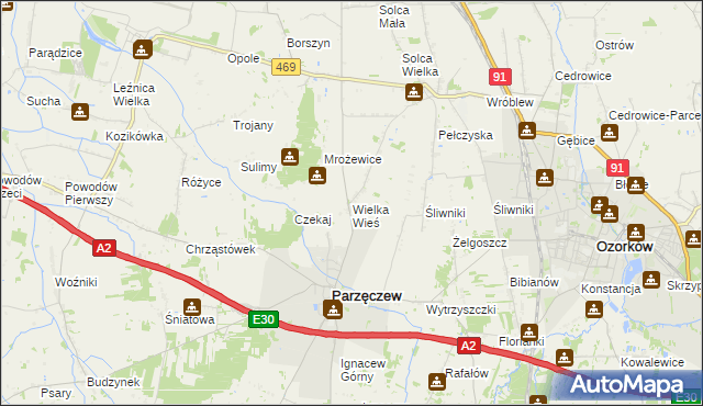 mapa Wielka Wieś gmina Parzęczew, Wielka Wieś gmina Parzęczew na mapie Targeo