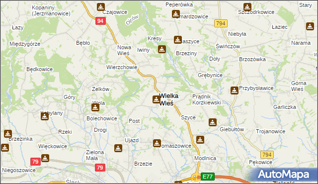 mapa Wielka Wieś powiat krakowski, Wielka Wieś powiat krakowski na mapie Targeo