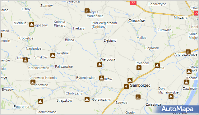 mapa Wielogóra gmina Samborzec, Wielogóra gmina Samborzec na mapie Targeo