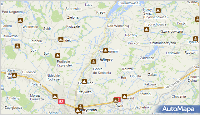 mapa Wieprz powiat wadowicki, Wieprz powiat wadowicki na mapie Targeo