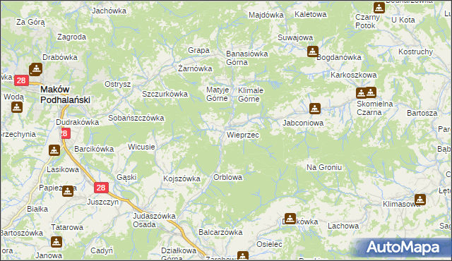 mapa Wieprzec gmina Maków Podhalański, Wieprzec gmina Maków Podhalański na mapie Targeo