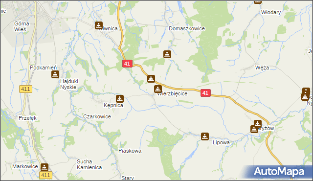 mapa Wierzbięcice gmina Nysa, Wierzbięcice gmina Nysa na mapie Targeo