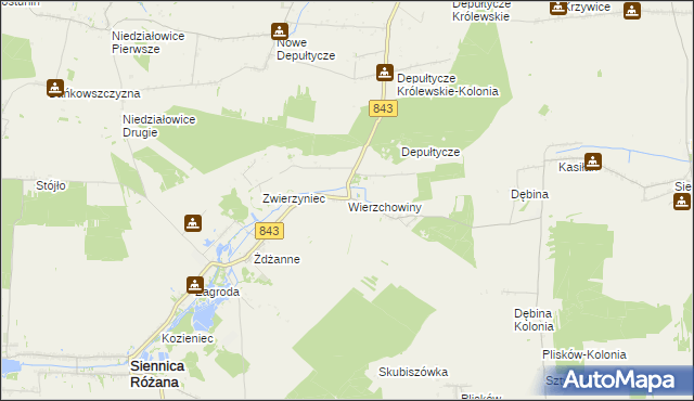 mapa Wierzchowiny gmina Siennica Różana, Wierzchowiny gmina Siennica Różana na mapie Targeo