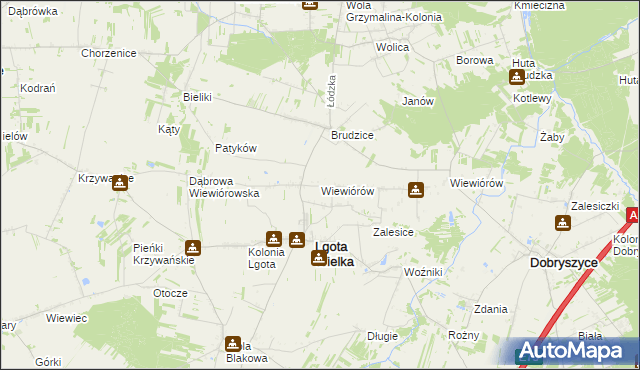 mapa Wiewiórów gmina Lgota Wielka, Wiewiórów gmina Lgota Wielka na mapie Targeo