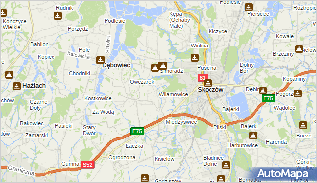 mapa Wilamowice gmina Skoczów, Wilamowice gmina Skoczów na mapie Targeo