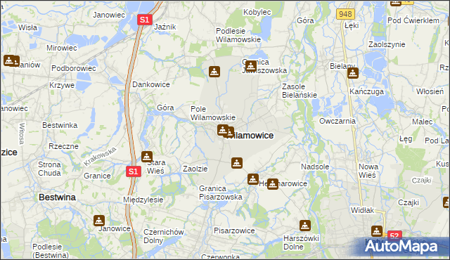 mapa Wilamowice powiat bielski, Wilamowice powiat bielski na mapie Targeo