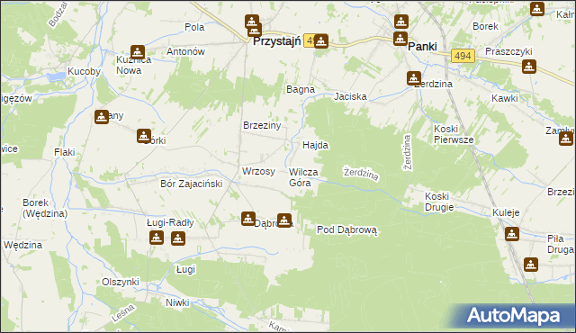 mapa Wilcza Góra gmina Przystajń, Wilcza Góra gmina Przystajń na mapie Targeo