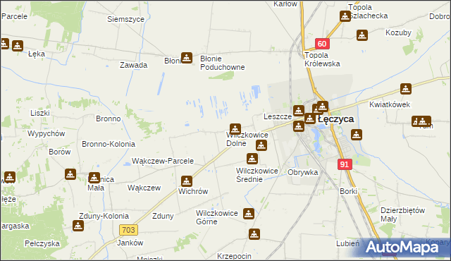 mapa Wilczkowice Dolne gmina Łęczyca, Wilczkowice Dolne gmina Łęczyca na mapie Targeo