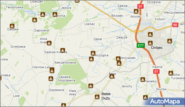 mapa Wilczogóra gmina Belsk Duży, Wilczogóra gmina Belsk Duży na mapie Targeo