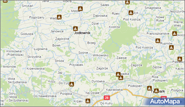 mapa Wilkowisko gmina Jodłownik, Wilkowisko gmina Jodłownik na mapie Targeo